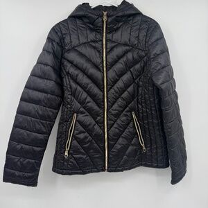 Jessica Simpson Puffer Jacket Women Large Black Full Zip Hooded Pockets